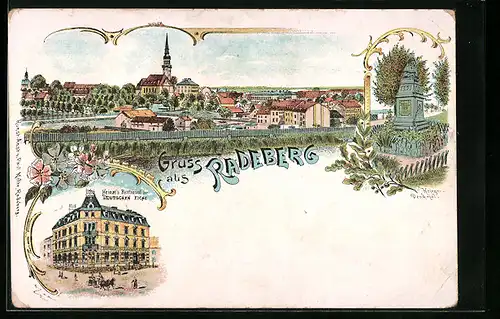 Lithographie Radeberg, Kriegerdenkmal, Totalansicht, Heinze`s Restaurant zur Deutschen Eiche