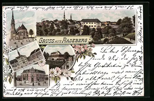 Lithographie Radeberg, Kirche, Totalansicht, Schloss jetzt Amtsgericht