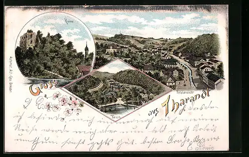 Lithographie Tharandt, Totalansicht, Ruine, Teich