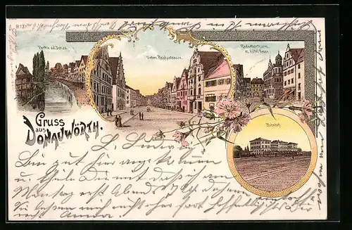 Lithographie Donauwörth, Bahnhof, Parthie an der Donau, Riederthorthurm mit Hotel Krone