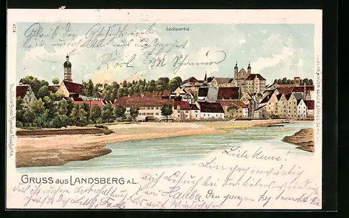 Lithographie Landsberg a. L., Teilansicht mit Lechpartie