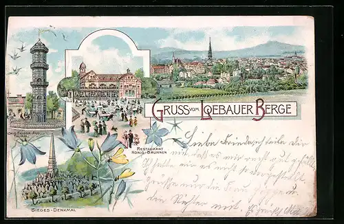 Lithographie Löbau, Restaurant Honig-Brunnen, Totalansicht, Sieges-Denkmal, König Friedrich aug. Thurm
