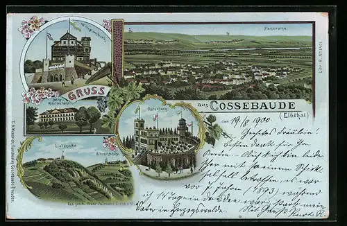 Lithographie Cossebaude, Gasthaus Wilhelmsburg, Osterberg, Panorama, Bergrestaurant