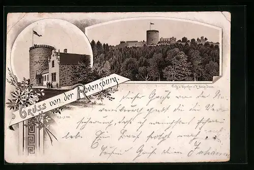 Vorläufer-Lithographie Ravensburg, 1893, Ansichten der Burg mit Wald