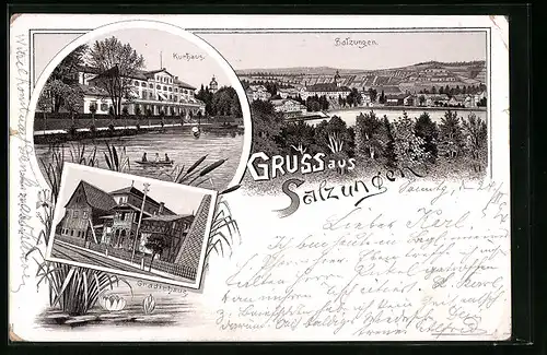 Vorläufer-Lithographie Salzungen, 1894, Kurhaus, Gradirhaus, Teilansicht vom Ort