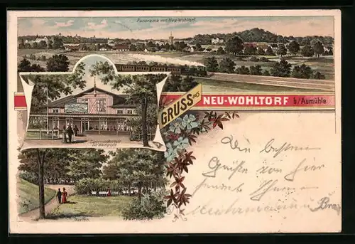Lithographie Neu-Wohltorf, Panorama, Gartenwirtschaft zur Waldgrötte