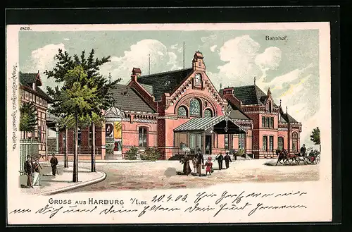 Lithographie Hamburg-Harburg, Bahnhof mit Litfasssäule