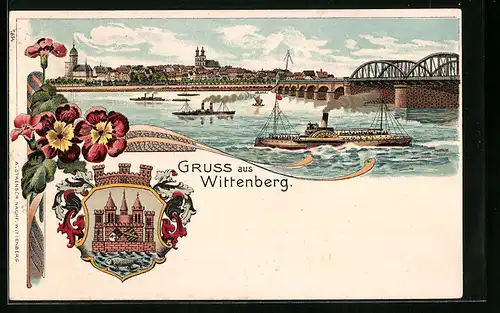 Lithographie Wittenberg, Uferpartie mit Brücke und Dampfer, Wappen