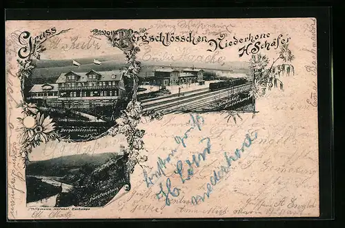 AK Niederhone, Bahnhof und Gasthaus Bergschlösschen, Inh.: H. Schäfer