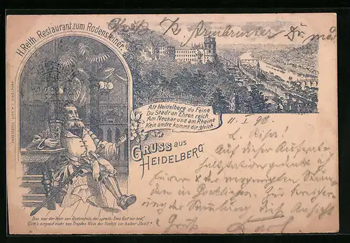 Lithographie Heidelberg, Ortsansicht und Restaurant zum Rodensteiner