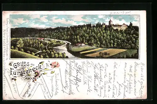 Lithographie Fürsteneck, Ortsansicht aus der Vogelschau