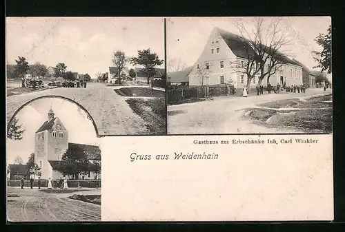 AK Weidenhain, Gasthaus zur Erbschänke von Carl Winkler, Kirche