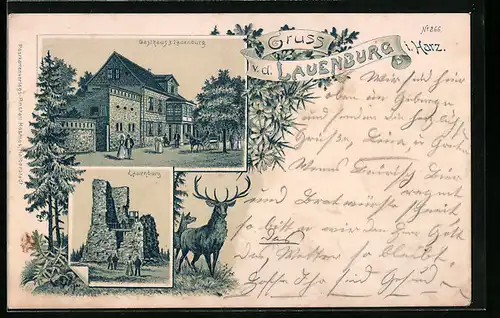Lithographie Lauenburg i. Harz, Gasthaus z. Lauenburg, Ruine