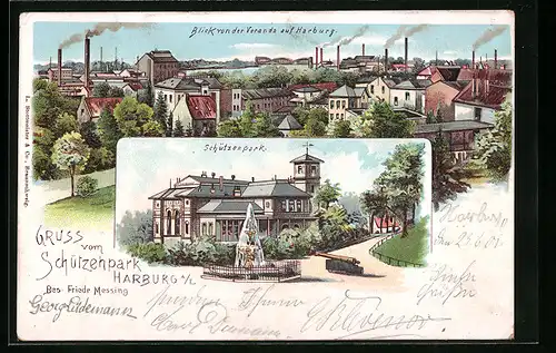 Lithographie Hamburg-Harburg, Schützenpark und Blick von der Veranda auf Harburg