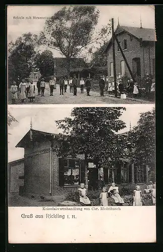 AK Rickling i. H., Kolonialwarenhandlung von Chr. Riedelbauer, Schule