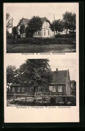 AK Hartenholm, Kaufhaus und Post W. Jensen, Baugeschäft W. Hartmann