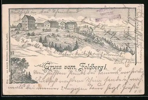 Lithographie Feldberg, Hotels auf dem Gipfelplateau, Blick ins Land