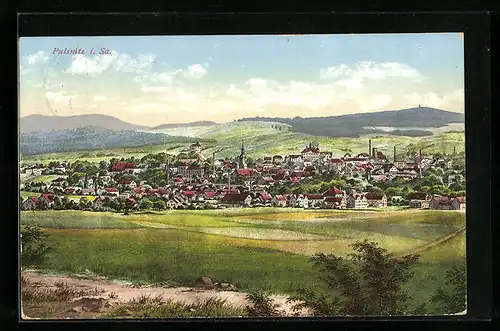 AK Pulsnitz i. Sa., Gesamtansicht mit Feldern und Bergen