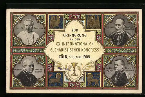 AK Köln, Eucharistischer Kongress 1909, Papst Pius X. und weitere Päpste