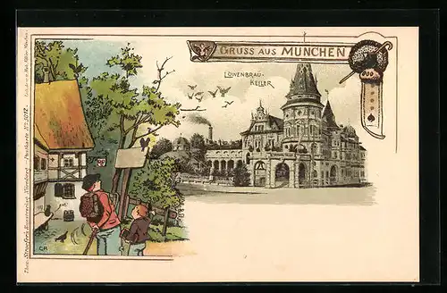 Lithographie München, Löwenbräu-Keller und Wanderer