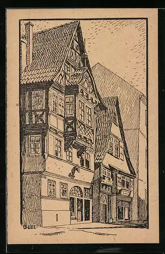 Künstler-AK Meiningen, Wohnhäuser Ernestinerstrasse Nr. 12 u. 14