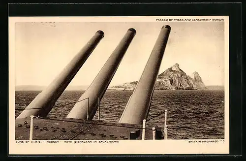 AK Guns of HMS Rodney with Gibraltar in background