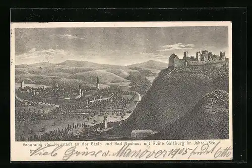 AK Neustadt /Saale, Panorama mit Bad Neuhaus und Ruine Salzburg im Jahre 1820