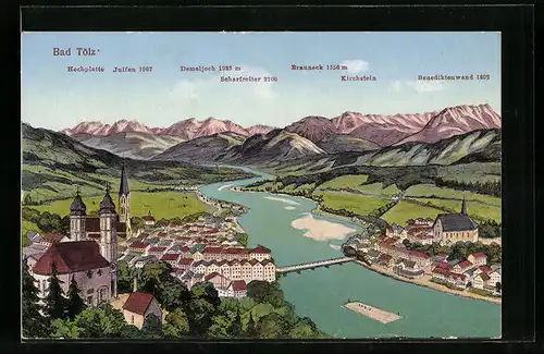 AK Bad Tölz, Motiv des Ortes mit Demeljoch, Brauneck und Kirchstein