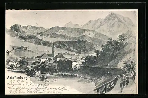 Künstler-AK Schellenberg, Radfahrer vor den Toren der Stadt