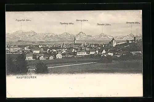 AK Kaufbeuren, Ortsansicht mit Zugspitze, Tegelberg und Säuling