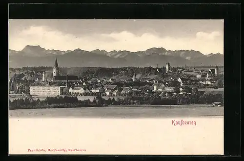 AK Kaufbeuren, Panorama der Stadt gegen die Berge