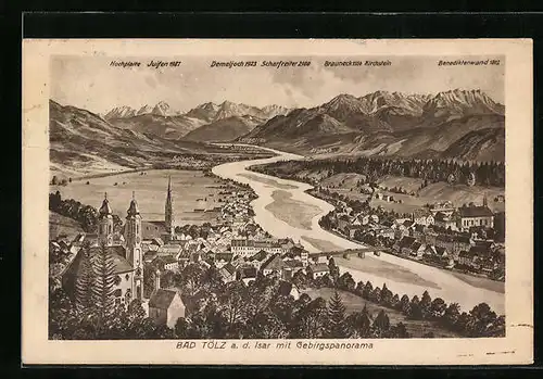 AK Bad Tölz, Isarpartie mit Stadtansicht und Gebirgspanorama