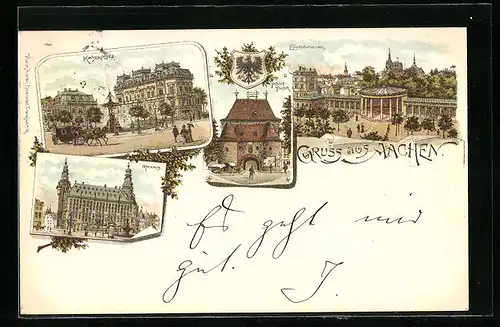 Lithographie Aachen, Kaiserplatz, Elisenbrunnen, Ponttor und Rathaus