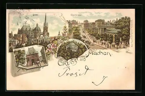 Lithographie Aachen, Elisenbrunnen, Dom und Marschier-Tor