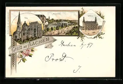 Lithographie Aachen, Gruss mit Dom, Rathaus und Elisenbrunnen