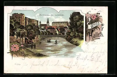 Lithographie Halle /Saale, Moritzburg und neue Saalebrücke