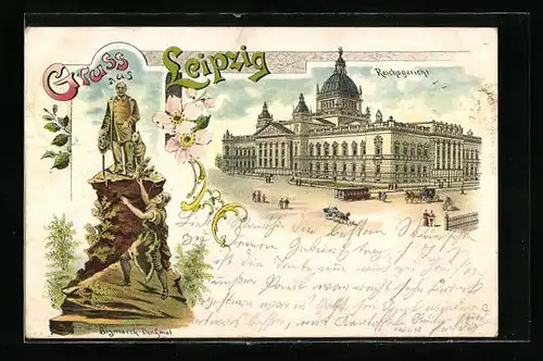 Lithographie Leipzig, Reichsgericht und Bismarck-Denkmal
