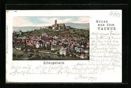 Lithographie Königstein, Gruss aus dem Taunus mit Stadtansicht