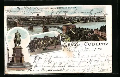 Lithographie Coblenz, Eisenbahnbrücke, Kaiserl. Postamt und Goeben-Denkmal