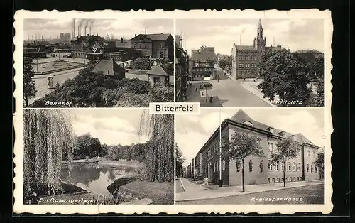 AK Bitterfeld, Bahnhof, Marktplatz, Im Rosengarten