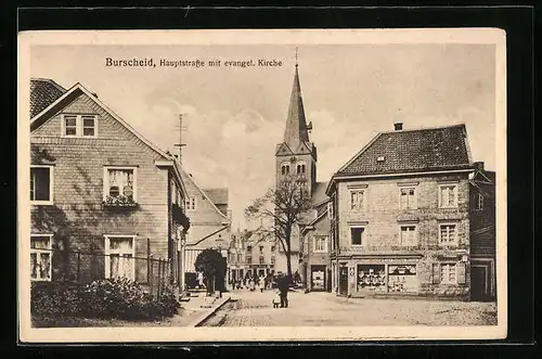 AK Burscheid, Hauptstrasse mit evangelischer Kirche