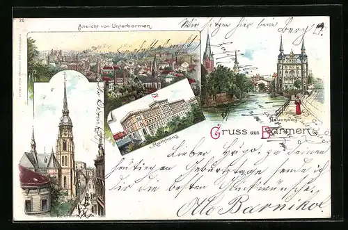 Lithographie Barmen, Ansicht von Unterbarmen, Neuenweg, Rathaus und reformierte Kirche