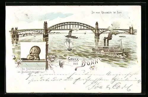 Lithographie Bonn, Das Brückenmännchen am Brückenpfeiler, Neue Rheinbrücke