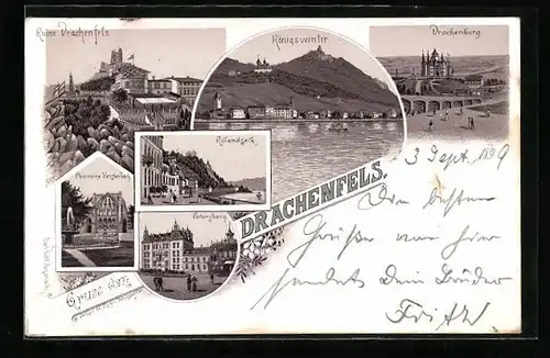 Lithographie Drachenfels, Ruine Drachenfels, Petersberg und Königswinter