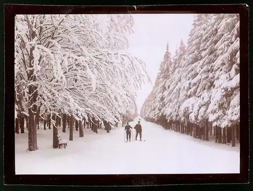 Fotografie Brück & Sohn Meissen, Ansicht Moldau, Ski Fahrer auf der Strasse nach Moldau im Winter