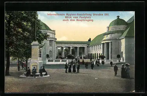 AK Dresden, Internationale Hygiene-Ausstellung 1911, Blick vom Festplatz nach dem Haupteingang