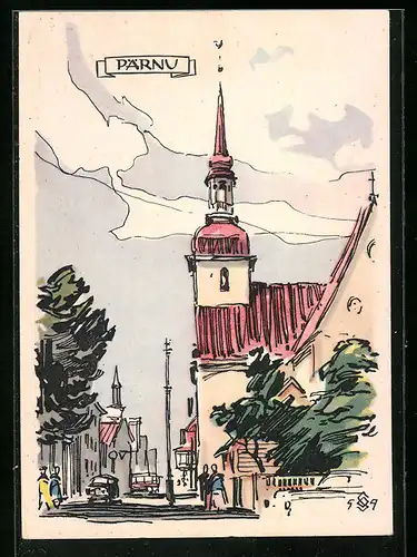 AK Pärnu, Stadtansicht mit Kirche