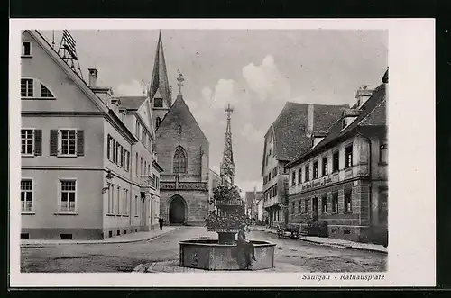 AK Saulgau, Rathausplatz mit Brunnen