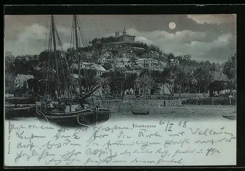 Mondschein-AK Hamburg-Blankenese, Blick vom Elbstrand zum Süllberg