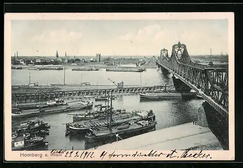 AK Homberg a. Rhein, Frachtkähne an der Brücke